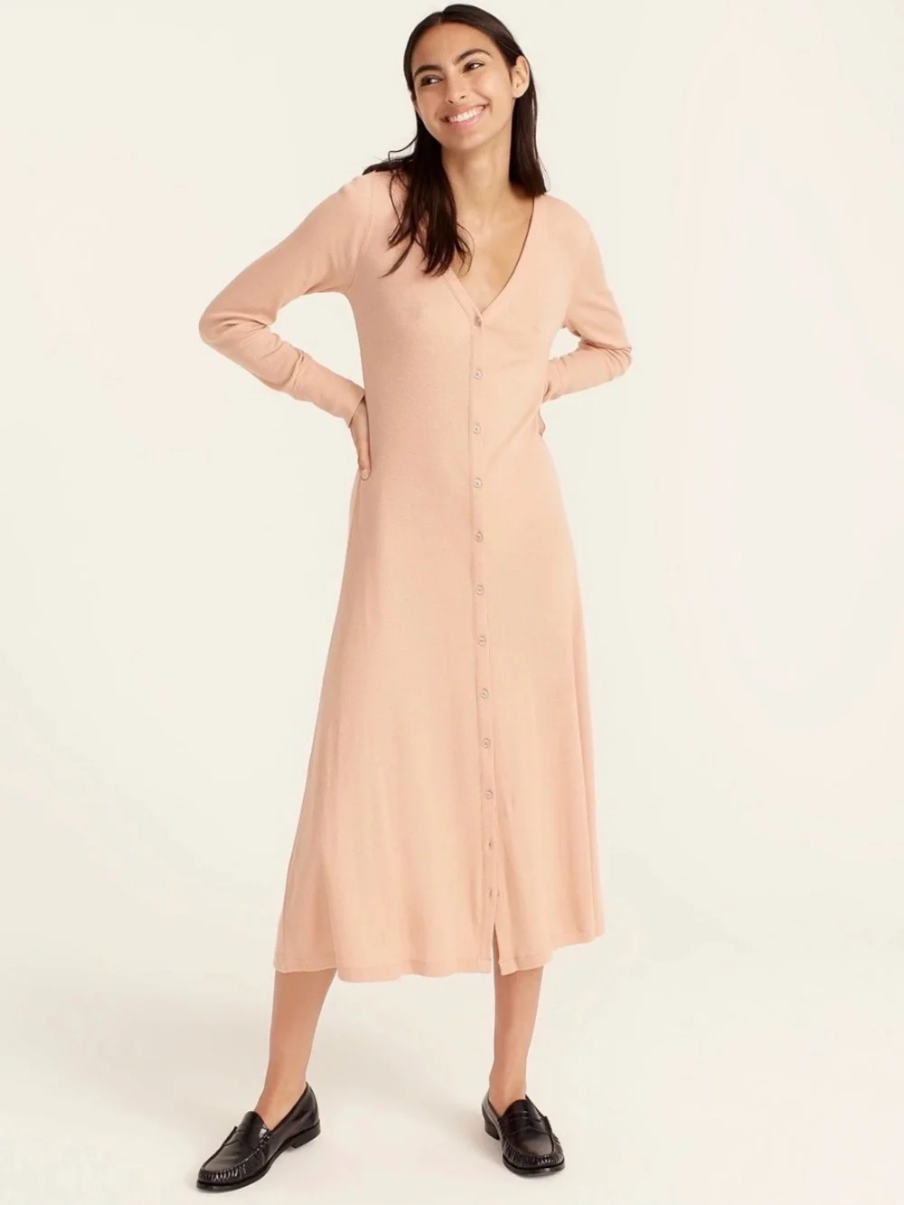 J crew Neutral Peach Ribbed button-front knit dress Long sleeves #423
